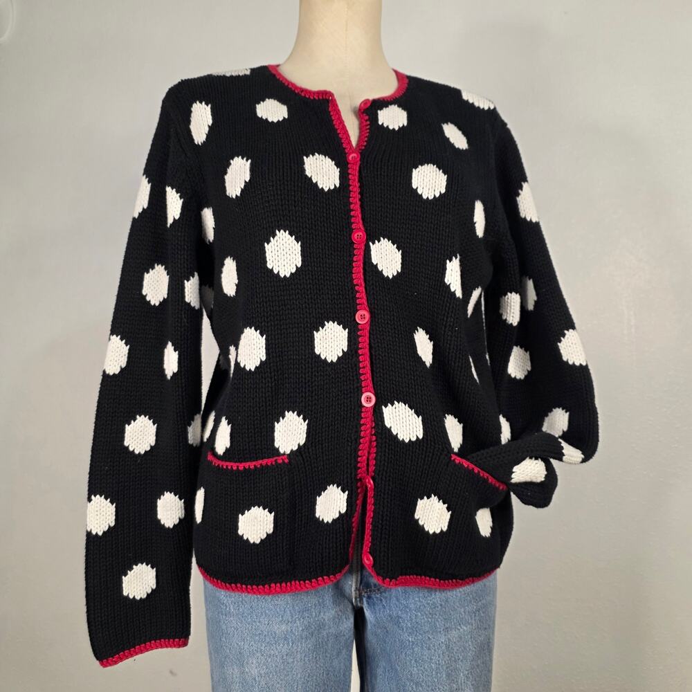 Vintage Talbots Polka Dot Cotton Cardigan Black White Red  Pockets Size Medium